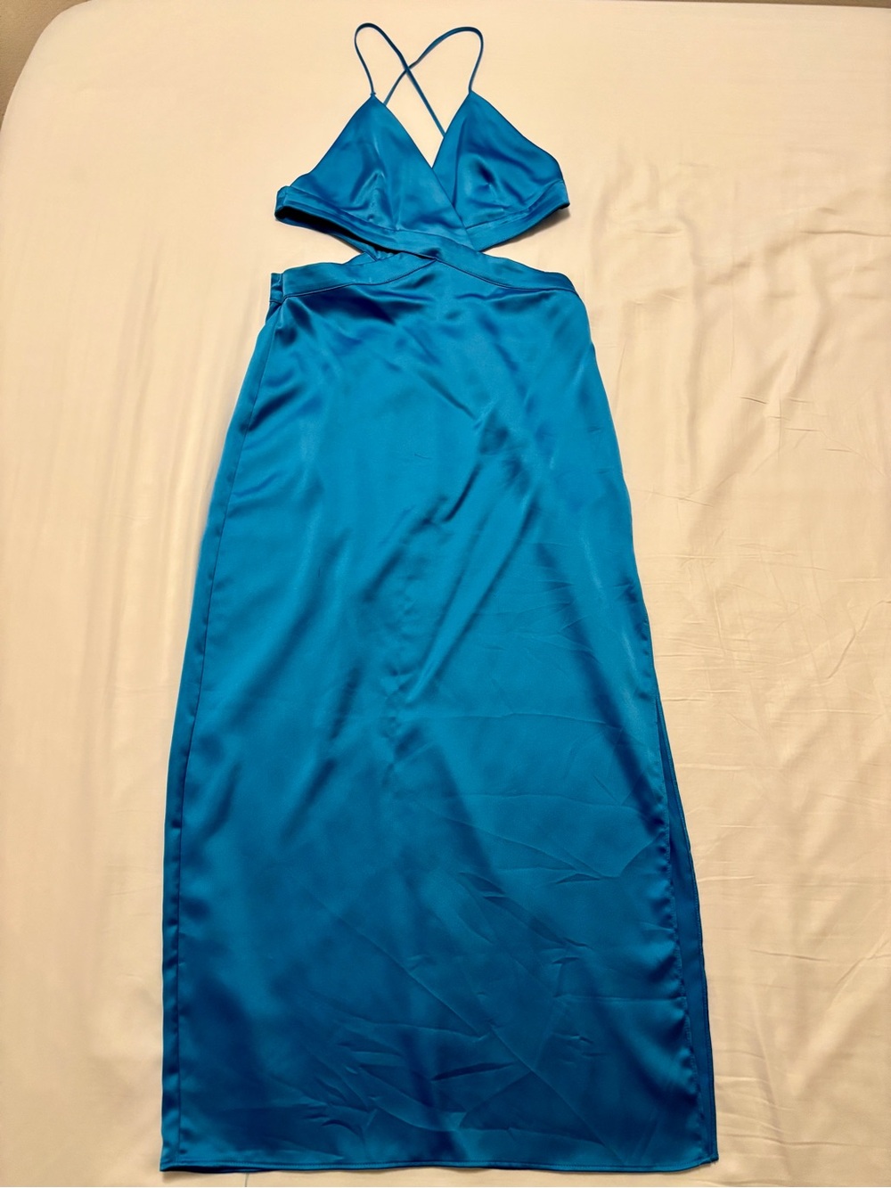 Zara Sky Blue Satin Midi Dress with Spaghetti Straps